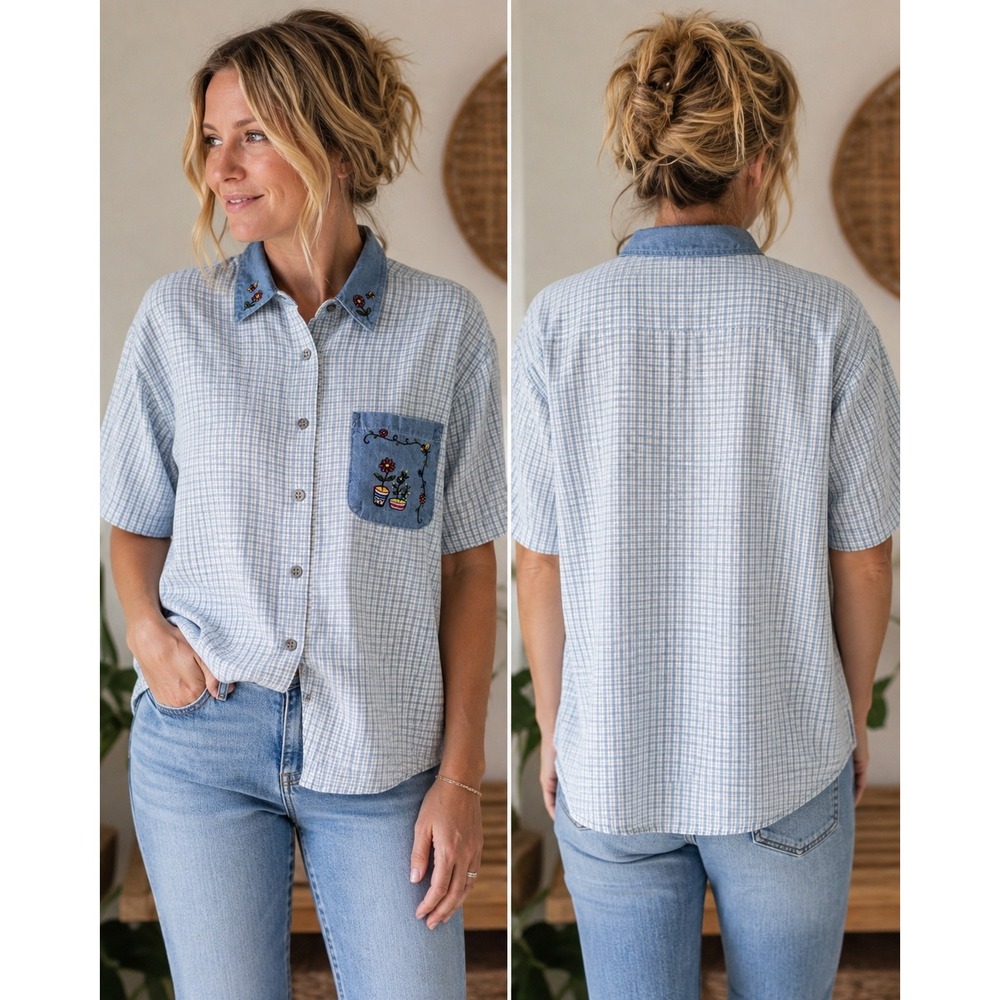 Capacity Vintage Blue Gingham Embroidered Floral Denim Collar Shirt Womens XL